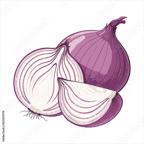 Red onion with two cut sections.