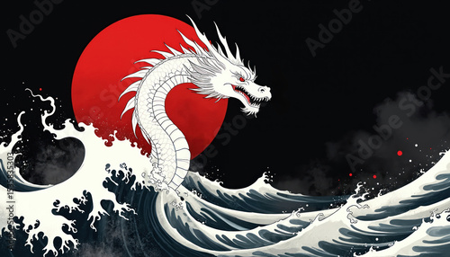 Monochrome illustration depicts a white dragon rising above a wave. The red sun sets on a dark background. Artwork reflects oriental, asian culture in the form of graphic design.