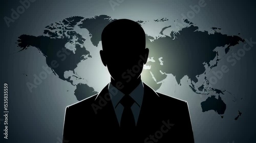 Man silhouette in suit representing a mysterious figure or secret agent against a world map, concept of global conspiracy, footage.
