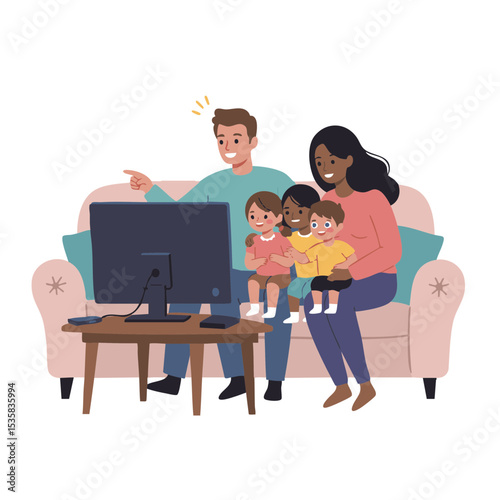 Family Watching TV on Couch, Cozy Home Icon