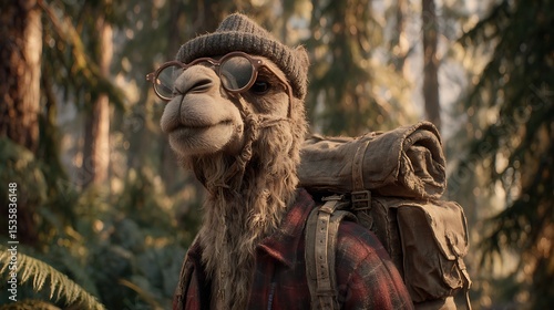 A camel wearing a checkered lumberjack suit, amber-lens glasses, a rugged canvas backpack, and a trapper hat, standing in a dense pine forest