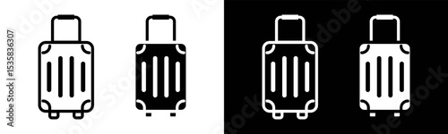 Luggage bag icon vector illustration set. In black and white version. Travel suitcase icon symbol