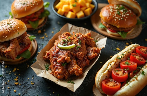 Assortment fast food meal on dark stone table. Burgers, shawarma, hot dogs, french fries and fried chicken. Top view for take-out or delivery. Junk unhealthy food variety for party or eatery.