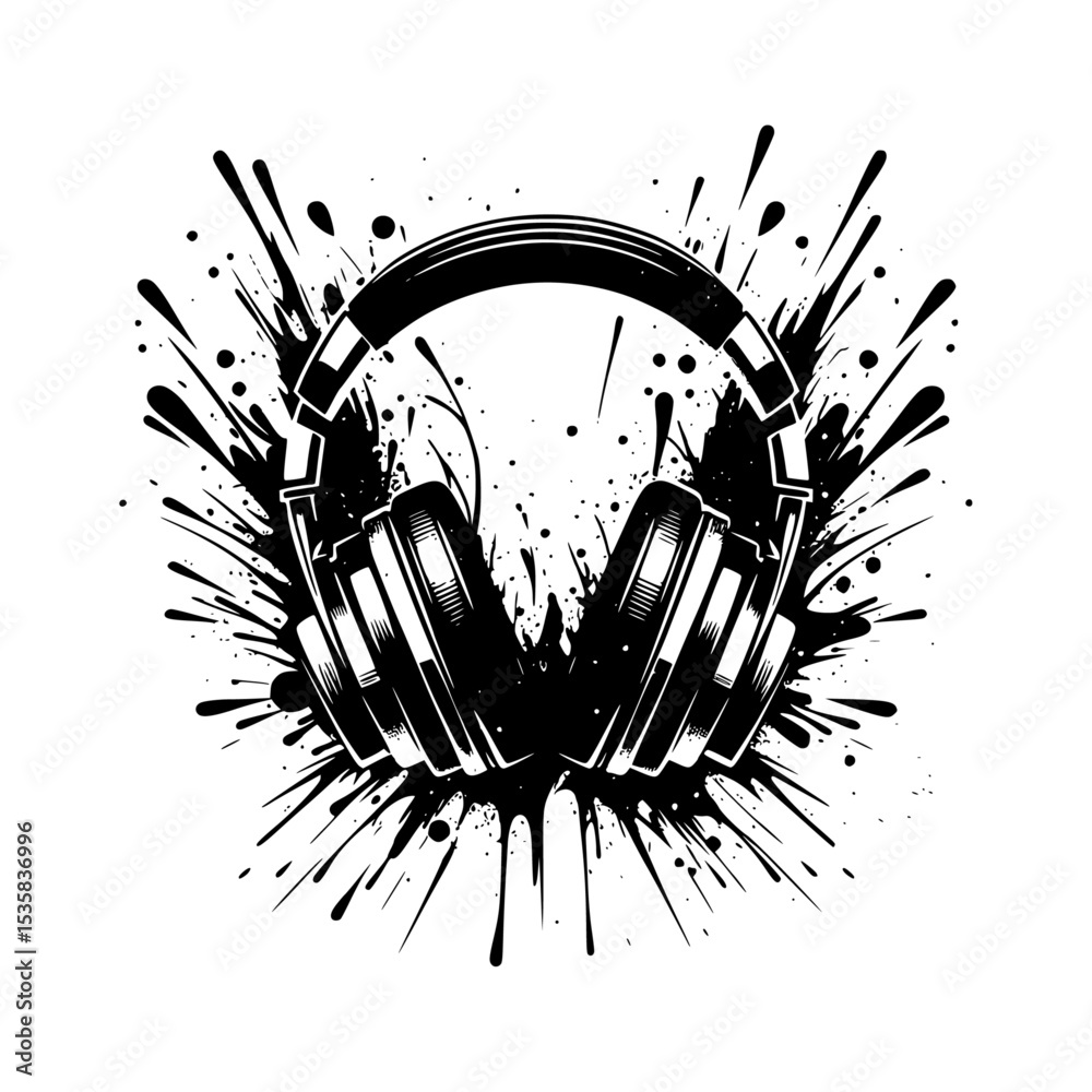 Obraz premium Black and White Headphones Ink Splatter Illustration