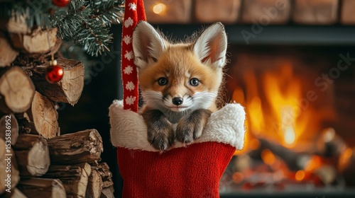Festive fox kit in a Christmas stocking. AI.
