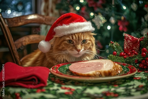 Festive feline eyeing a holiday feast. AI.