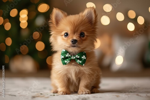 Adorable puppy wearing a festive bow tie. AI.
