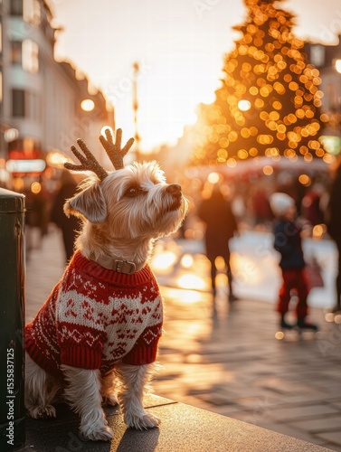 Festive chihuahua in a holiday sweater. AI.