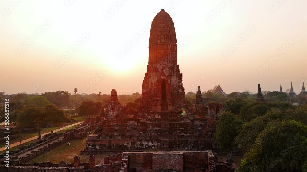 Ancient wat phra ram at golden sunset, historic Ayutthaya landmark, a buddhist temple a unesco world heritage site.