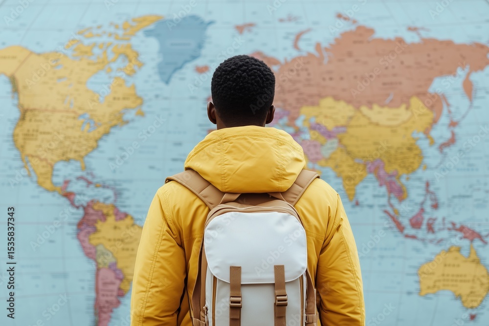 Obraz premium African young male exploring world map with backpack in yellow jacket