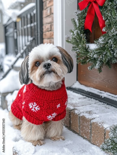 Festive pup in a cozy winter sweater. AI.