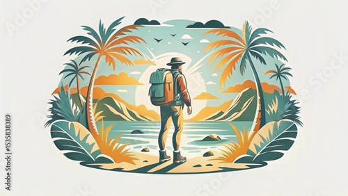 Adventure traveler standing on beach with palm trees during sunset  