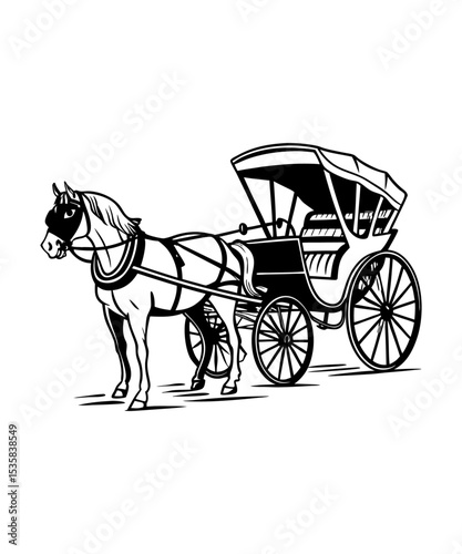 Horse Drawn Carriage Black and white illustration, Horse Vector