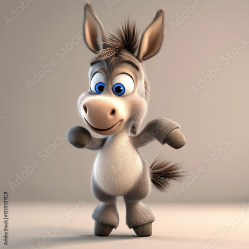 Cartoon donkey character smiling and dancing on a light background  