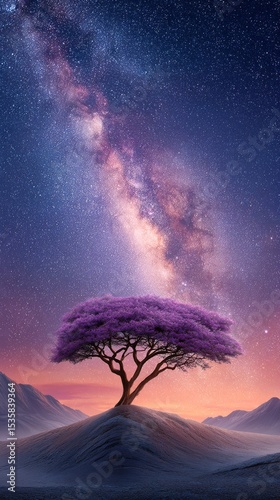 Beautiful purple tree under a starry sky at dusk near glowing mountains