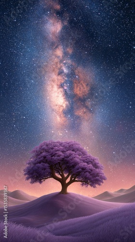 Vibrant purple tree under the starry night sky in a tranquil landscape setting