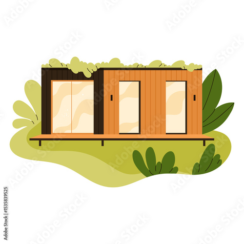 Compact modular home with two doors, flat roof, and wooden siding. Tiny house in greenery. Stylish eco-friendly  modular cabin. Sustainable architecture concept. Vector illustration in cartoon style.
