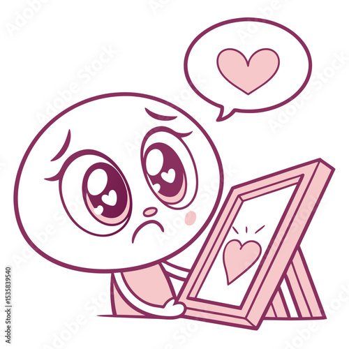 Cartoon Character Holding a Picture of a Heart with Sad Eyes