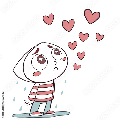 Tearful Character Surrounded by Hearts and Raindrops