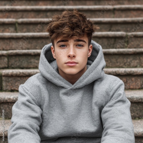 Young male sitting on steps, wearing gray hoodie, looking straight at camera in outdoor setting