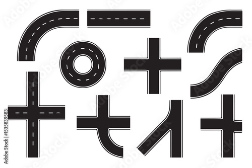 A set of abstract road shapes and junctions, including curves, straight roads, and plus intersections, perfect for city map design or blueprint projects