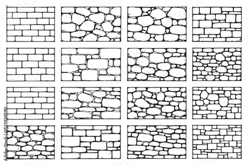 sketches of stone and brick walls with different patterns, textures, and arrangements, ideal for architectural design or vintage illustrations