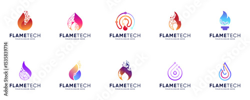heat energy logo with digital fire concept, smart innovation, graphic vector template.
