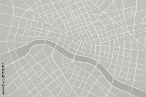 A monochrome cityscape map with light gray streets, a river, and a grid pattern, offering a minimalistic design perfect for urban planning or navigation