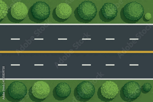 A serene top down view of a paved road lined with vibrant green bushes, featuring a center yellow line and white road markings, creating an idyllic landscape