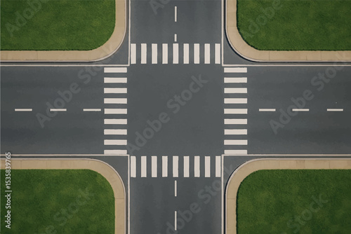 A symmetrical view of an urban intersection with clean crosswalks and neatly organized lanes, surrounded by green patches and curbs for a structured look