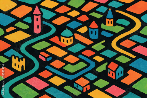 A vibrant and whimsical cityscape, featuring colorful blocks, winding rivers, and abstract buildings in an imaginative, playful design