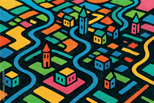 A fantastical urban landscape with bright, bold colors, including geometric buildings, winding rivers, and a playful arrangement of elements