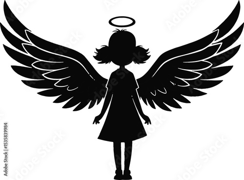 Black Silhouette Girl Angel Wings Halo vector