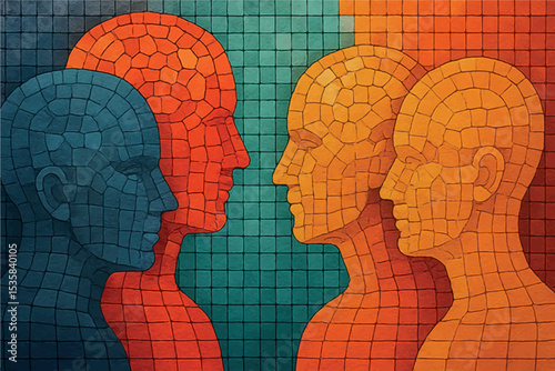 An abstract representation of human faces in a colorful mosaic, exploring the themes of identity, emotions, and interconnectedness through vibrant blocks