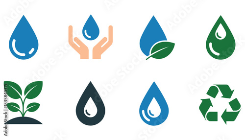 A collection of blue and green vector water drop icons illustrating nature, clean liquid, and eco-friendly elements