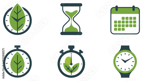 A vector illustration of a set of clock time icons, including watch, timer, stopwatch, and hourglass designs