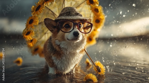 A corgi standing in a puddle, holding a playful umbrella made of yellow dandelions, wearing square glasses and a trapper hat