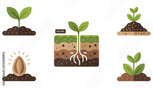 A vibrant set of young green plants with new leaves sprouts from the soil, symbolizing growth, life, and nature