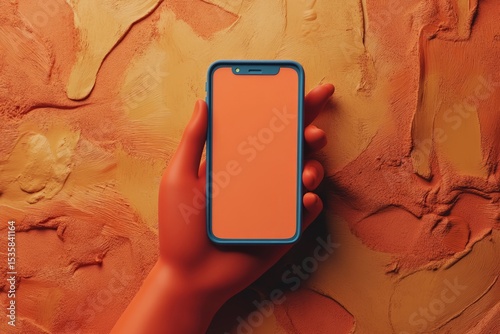 Hand holding smartphone with blank screen against textured background  