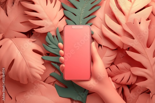 Hand holding smartphone among pink tropical leaves background  