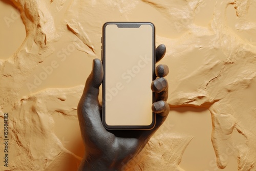 Hand holding smartphone against textured beige background  