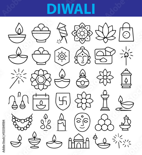 set of Diwali Icons, Indian Festival, Lights & Celebration Line Vector Pack