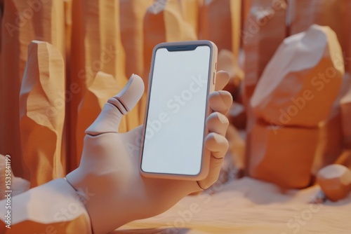 3D hand holding smartphone in a stylized rocky landscape