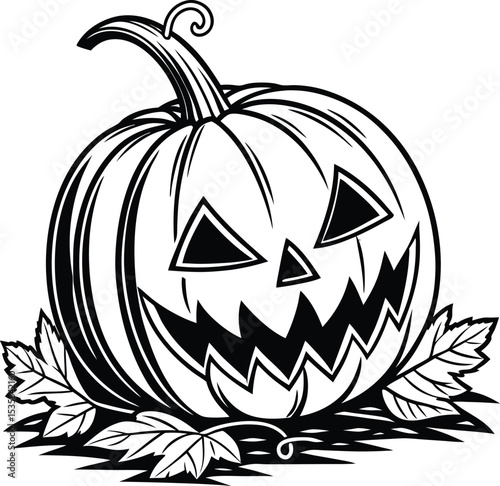 Spooky Halloween Jack-o'-lantern Illustration Black and White Pumpkin Design