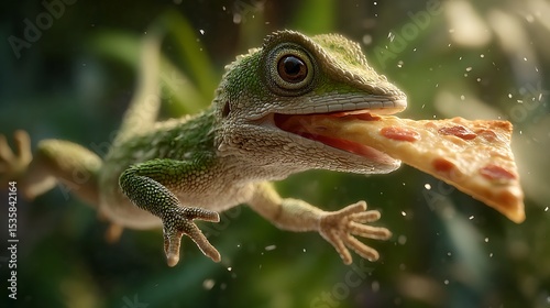 A Cuban knight anole mid-leap toward a suspended slice of Hawaiian pizza, dynamic motion blur on its limbs, tropical foliage in the background