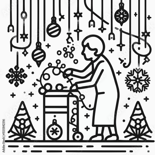 Elderly woman decorating festive display with ornaments and snowflakes, creating joyful atmosphere for Christmas
