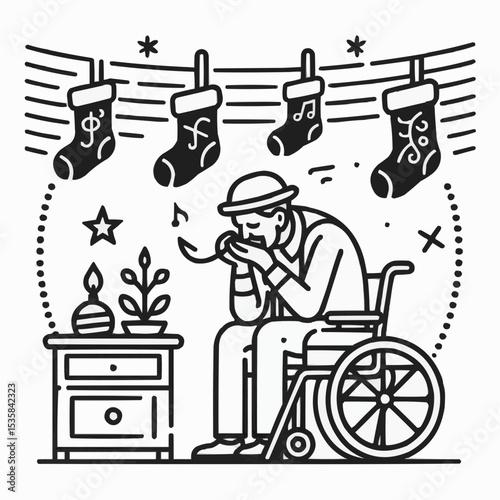 Illustration of an elderly man in a wheelchair enjoying the music and holiday decorations by a cozy mantel
