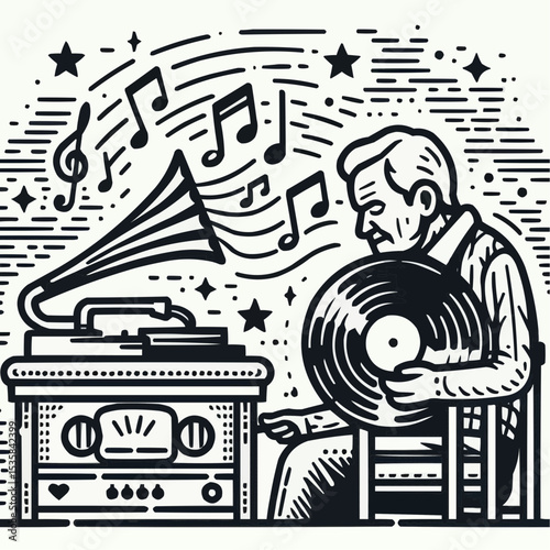 Illustration of an elderly man enjoying music from a vintage record player, surrounded by musical notes and nostalgia