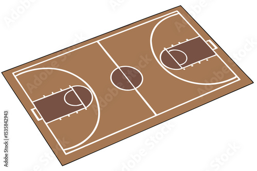 A digital illustration of a basketball court, featuring a brown playing surface with darker brown shaded areas under the hoops, outlined with white lines.