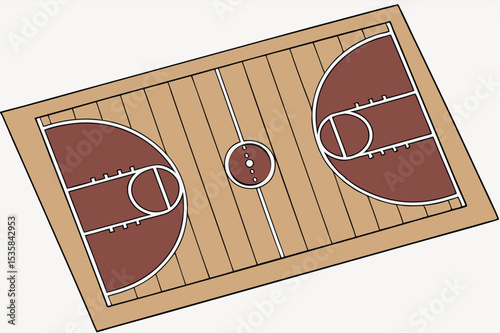 A cartoon illustration of a basketball court with a wooden floor, featuring two hoops at opposite ends and a center circle with a dot, all outlined in white against a light background.